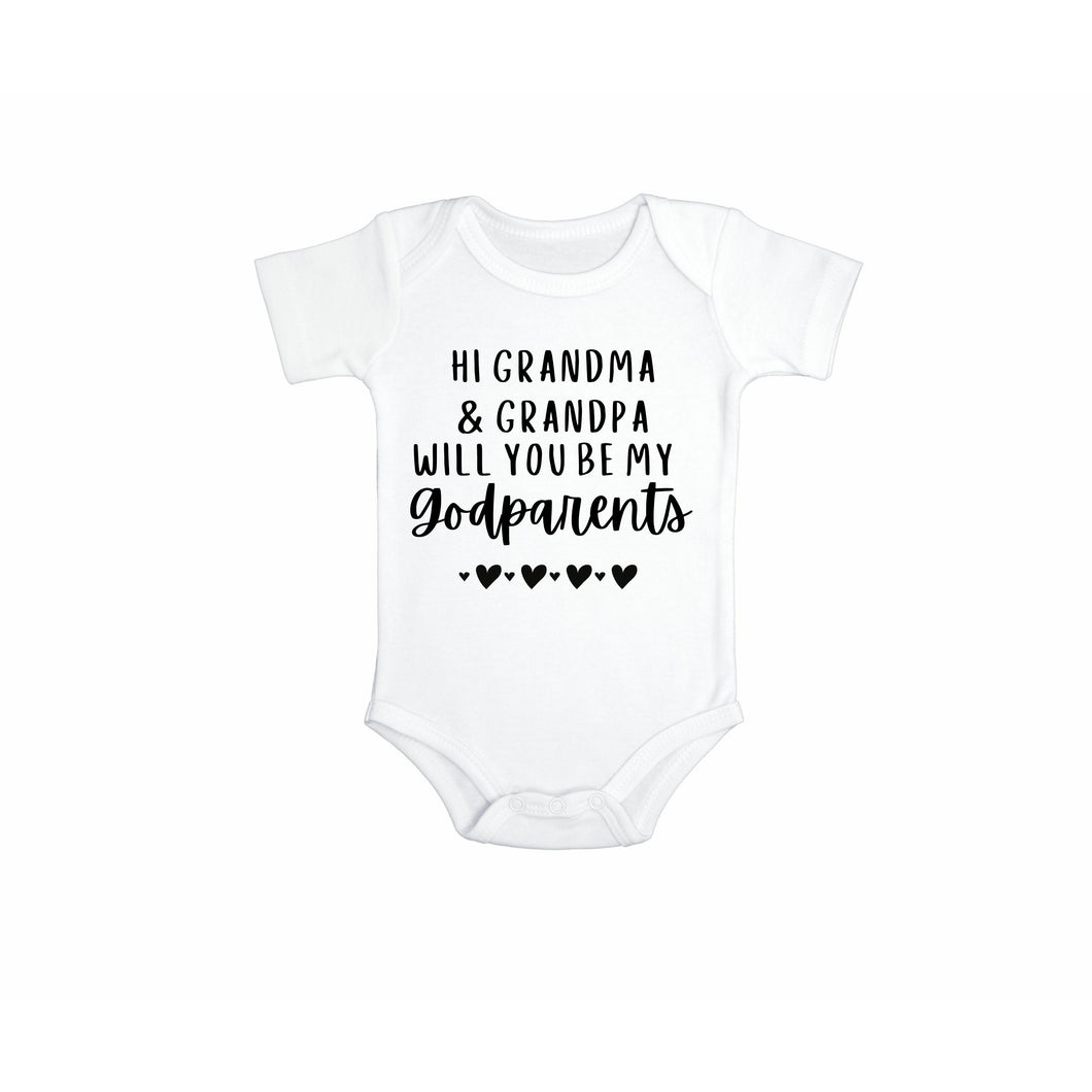 Hi Grandma & Grandpa Will You Be My Godparents? Baby Bodysuit