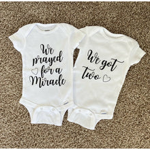 Load image into Gallery viewer, We Prayed for a Miracle Twin Pregnancy Announcement Bodysuits (Set of 2)
